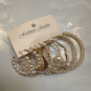 NEW! FASHION JEWELRY Gold and White Faux Pearl Hoop Pierced Earrings Set of 5